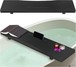 Stylish Black Bamboo Bathtub Tray Caddy with Adjustable Legs Minimalistic Design Bath Tray for Tub Bathtub Accessories Fits Most Free Standing Bath Tubs Idea for Women