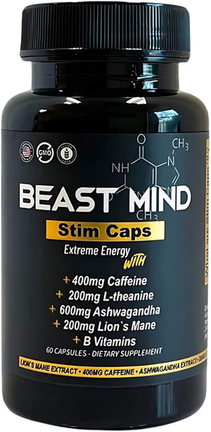 Extreme Energy Pills | 400mg Caffeine | 600mg Ashwagandha | 200mg Lions Mane | Increased Energy &amp Focus &amp Mood by Beast Mind