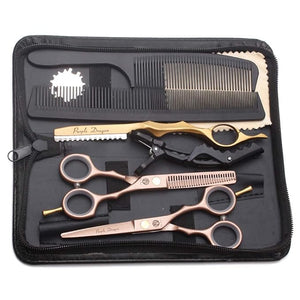 Purple Dragon 5.5 inch Hair Cutting Scissors Set with Razor Leather Scissors Case Barber Hair Cutting Shears Hair Thinning/Texturizing Shears for Professional Hairdresser or Home Use (Rose Gold)