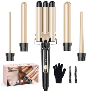 Waver Curling Iron Curling Wand - BESTOPE PRO 5 in 1 Curling Wand Set with 3 Barrel Hair Crimper for Women Fast Heating Crimper Wand Curler in All Hair Type Women Gifts - Gold