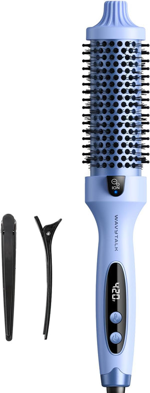 Wavytalk Blowout Boost Thermal Brush 1.5 inch Heated Round Brush for Blowout Look Negative Ion Technology Ceramic Tourmaline 5 Temperature Settings Dual Voltage Blue