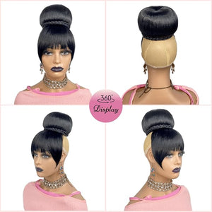 Extra Large Hair Bun and Bang Set 2PCS, Black Braided Bun N Bang Clip-in Updo Bride Chignon with Fringe Ponytail with Bangs Hairpiece for Black Women Wedding Party