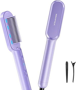Wavytalk Hair Straightener Brush Sleek Sweep Ionic Straightening Brush with 6 Temperature Adjust Anti-Scald Ceramic Straightening Comb Fast Heating for Home Salon Dual Voltage Purple.