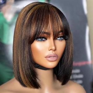 Ombre highlight 1b/30 8 Inch Yaki Straight Bob Wig with Bangs Human Hair Glueless HD Lace 2.5x1 Bob Wig for women