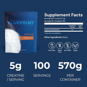 Blueprint Bryan Johnson Creatine Monohydrate Powder ? Amino Acid Powder - Supplement Supports Muscle Growth Recovery Strength &amp Focus ? Unflavored Creatine for Women &amp Men ? 5g Dose ? 100 Se