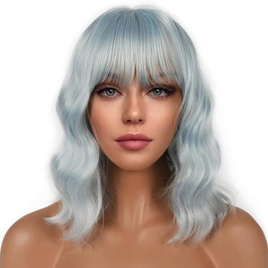 Short Bob Wigs with Bangs for Women Loose Wavy Wig Curly Wavy Shoulder Length Bob Synthetic Cosplay Wig for Girl Colorful Costume Wigs (Ice Blue)