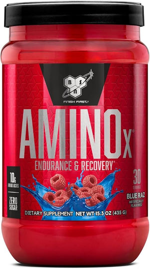 BSN Amino X Muscle Recovery &amp Endurance Powder with BCAAs 10 Grams of Amino Acids Keto Friendly Caffeine-Free Support Endurance Zero Sugar Blue Raz 30 servings 15.34 Ounce (Packaging May V