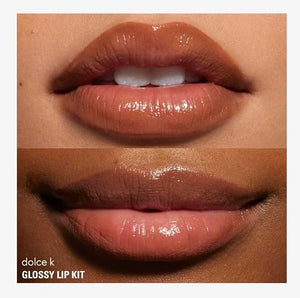 KYLIE Glossy Lip Kit contoured shades + glossy finish | Color Dolce K, a taupe nude - 2 piece Liner and Glaze Set 0.04oz Crayon | 0.10 fl oz Gloss