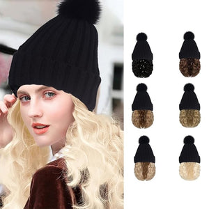 Beanie Hat Wig Winter Warm Knitted Black Beanie Hat with bob Curly Wavy Hair Extension Synthetic Hairpiece hat Wig