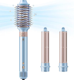Webeauty Hot Air Styler Blow Dryer Brush Auto Hair Wrap Curling Irons Hot Air Brush Negative Ionic Airflow Hair Curlers Multi Styler for Volumizing Straight Wavy Curly Hair Blue Pink
