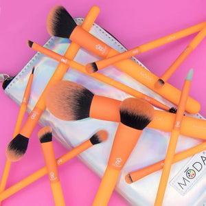 MODA Totally Electric Neon Orange Full Face Makeup Brush Kit ? 13pc Vibrant Brush Set for Face &amp Eyes with Zip Case