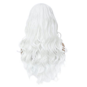 SWACC Long Curly Wavy Wig with Bangs Synthetic Hair Wig for Women with Wig Cap (White)