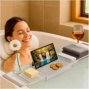 Conscious &amp Classy -Bathtub Tray and Pillow Set | Bath Accessories for Home Spa - Includes Machine Washable Headrest and Expandable Plastic Caddy - Perfect Stress Relief &amp Self Care Gift
