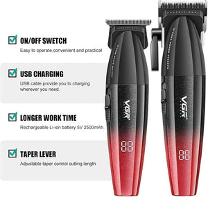 VGR 640 Professional Hair Clippers for Men 9000RPM Cordless Barber Clippers and Trimmers Set Zero Gap T-Blade Hair Cutting Kit DLC Coated Ceramic Blade Barber Kit with LED Display(Red)