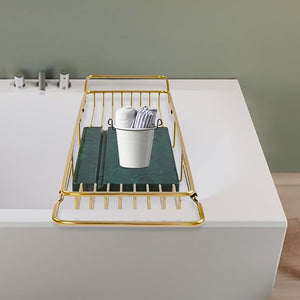 Bathtub Tray for Tub Metal Expandable Extra Wide Bath Caddy Tray for Bathtub with Natural Marble Groove for Bath Spa (Gold Frame Green Marble Base)