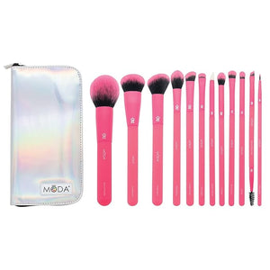 MODA Totally Electric Neon Full Face Makeup Brush Kit ? 13pc Vibrant Brush Set for Face &amp Eyes with Zip Case (Neon Pink)