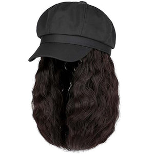 YEKEYI Beret Hat with Hair Newsboy Cap with Bob Hair Extensions Hat Wig Visor Beret Short Curly Wavy Hairpiece for Women