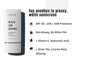 RAIN OR SHINE Anti Aging Face Sunscreen SPF 50 for Clear Skin w/Green Tea Hyaluronic Acid Vitamin E Oil Ginseng Licorice Root ? SPF Moisturizer for Face &amp Body (Fragrance-Free 2.03 Fl Oz 4 p