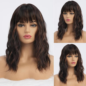 Dark Brown Wigs with Highlight for Women Synthetic 16 inch Medium Length Wigs with Bangs Natural Long Wavy Fringe wig Heat Resistant Hair for Daily Party Use(16 inch)