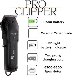 Supreme Trimmer Pro Clipper All Metal w/Taper Blade | 300 Min Run Time Professional Hair Clipper Set, Cordless Beard Trimmer | STC5030 Black
