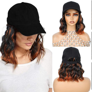 GUOJIAN Hat Wigs for Women 6' Short Wave Baseball Cap Wigs with Curly Hair Extensions Synthetic Wave Wig Adjustable Hat with Hair Attached for Daily Use (1B/350 6inch)