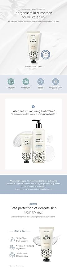 Mongdies Baby Sun Cream SPF30 PA+++ -100% SAFE Moist and Gentle Non-Sticky No White Cast Light-Weight Inorganic Sunscreen EWG Green Plant-derived extracts and plenty of deep ocean water- 60ml