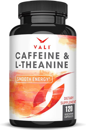 VALI Caffeine 50mg &amp L Theanine 100mg - Caffeine Pills &amp L-Theanine for Smart Smooth Energy &amp Focus Supplement. Nootropic Brain Booster Cognitive Support Stack &amp Focused Clarity. 120 V