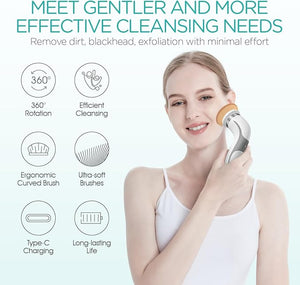 Facial Cleansing Brush-Spin Face Scrubber Exfoliator Rechargeable, 2-Speed Rotation, Electric Face Wash Brushes for Cleansing and Exfoliating, with 2 Brush Heads, Grey