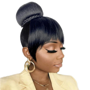 Hair Bun and Bang Set 2PCS Small Size Black Synthetic Braided Bun N Bang Clip in China Bang Hair Piece Hair Bun with Bangs for Black Women(J072S-1B#)