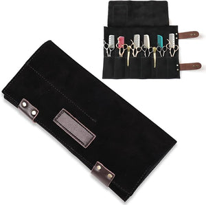 Salon Scissors Bag Roll Up 12 Pockets Genuine Leather Stylist Grooming Scissors Holder Barber Hair Scissor Shears Cases for Hairdressers (HJ-ZP011-Black)