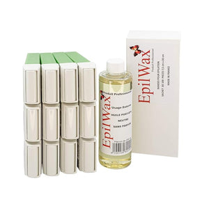 Restocking kit with: 12 Roll-on cartridges with Aloe Vera 1 pack of 100 non-woven strips for depilation and 1 bottle of 250 ml neutral after-depilation oil (Aloe Vera series)