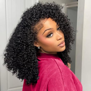 Half Wig Human Hair Kinky Curly Glueless Wigs Human Hair Half Wig 200 Density 3 In 1 Drawstring Seamless Flip Over Half Wigs for Women Invisible Hairline Headband Wig 16 Inch