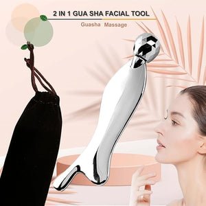 Face &amp; Body Roller Massager - Guasha Tool for Face, Neck &amp; Eyes, Stainless Steel, Chin Lift, Skin Tightening (Silver White)