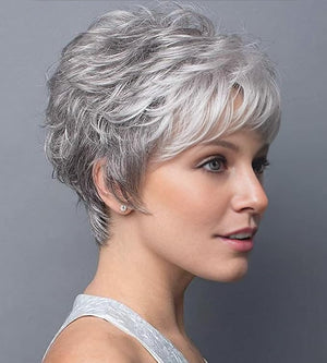 SEVENCOLORS Short Grey Wigs for White Women Pixie Cut Gray Wigs with Bangs Natural Curly Synthetic Hair Short Mixed White Wig for Older Women