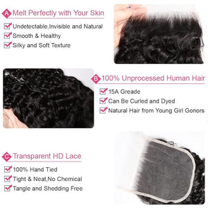 5x5 HD Lace Closure Burmese Curly 20 Inch Ultra-thin Transparent 15A Brazilian Virgin Human Hair Water Wave Lace Closure Free Part Pre Plucked with Baby Hair Quick Weave For Women