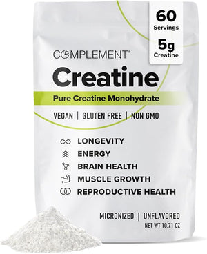 Complement Creatine Monohydrate Micronized Powder for Women and Men (5g 60 Servings) Pre Workout Post Workout Muscle Recovery Brain Health Longevity- Vegan Unflavored