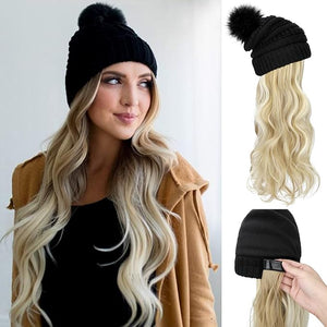 Qlenkay Beanie Hat with Long Wavy Curly Hair Extensions Knit Thick Lined Cap Attached 20in Synthetic Wig Detachable Hairpiece Warm Pom for Women Winter Ash Blonde