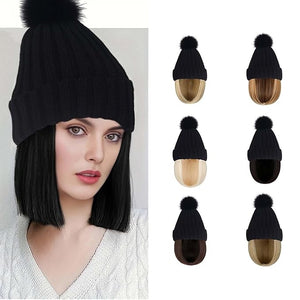YEKEYI Warm Knitted Beanie Hat with Hair Straight Hair Extension Synthetic Hairpiece Beanie Wig Hair Extensions