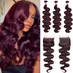 UNICE 12A Body Wave Human Hair Bundles with 4x4 Lace Closure 22 24 26+20 inch 100% Brazilian Virgin Hair Weave Extensions Tangling-Free Shedding-Free Ombre Black Cherry Color