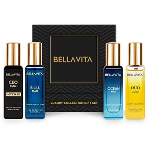 BellaVita Luxury Collection Eau De Parfum Gift Set (4x20ml) | Premium Unisex Perfume Set | Notes of Aqua, Musk, Amber and Bergamot | Includes OUD GOLD, OCEAN, B.L.U. &amp; CEO Intense | Perfume Gift