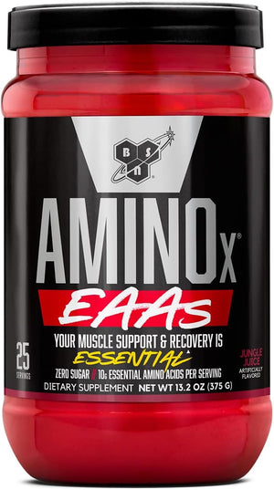 BSN Amino X EAAs Muscle Recovery and Endurance 10g Essential Amino Acids 5g BCAAs Zero Sugar Caffeine Free Jungle Juice 13.2oz 25 Servings