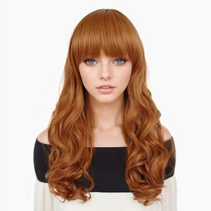 GNIMEGIL 18 Inch Charming Long Wavy Ginger Synthetic Curly Wigs In Orange Wig With Bangs Halloween Daphne Costume Women Cosplay Reba Mcentire Wigs