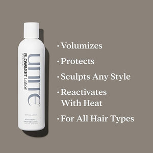UNITE Hair - BLOW&ampSET Lotion - Styling Lotion for Hold Volume and Curl - Activates &amp Reactivates with Heat - Paraben-Free &amp UV Protection - Ideal for All Hair Types 8 Fl Oz