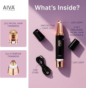 SPA SCIENCES - AIVA Deluxe - Dual 2-in-1/Double Sided Facial Hair Remover &amp Eyebrow Trimmer USB Rechargeable with Built-in LED Lights &amp 2 Extra Replacement Heads