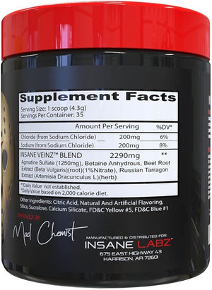 Insane Labz Insane Veinz Non Stimulant NO Enhancing Powder Nitric Oxide Booster Loaded with Agmatine Sulfate and Betaine Anhydrous Increase Vascularity 35 Srvgs Apple