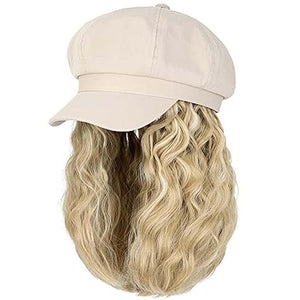 YEKEYI Beret Hat with Hair Newsboy Cap with Bob Hair Extensions Hat Wig Visor Beret Short Curly Wavy Hairpiece for Women
