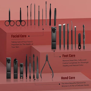 Manicure Set Professional Manicure Kit Nail Clipper Set 26 in 1 Stainless Steel Pedicure Set Manicure Tools Nail Kit Women Mens Grooming Kit - Black