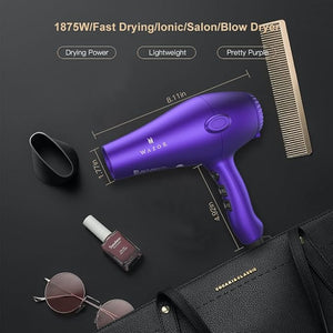 Purple Professional Light Weight Hair Dryer 1875W Tourmaline Ceramic Negative Ionic Blow Dryer with Diffuser &amp Concentrator &amp Comb