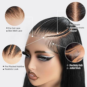 Glueless Wigs Human Hair Pre Plucked Pre Cut 9x6 Straight Lace Front Wigs Human Hair Hd Lace Front Closure Wigs for Women 250% Density Wear and Go Glueless Wig Ready to Wear Natural Black24Inch