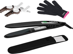 LOVANI Titanium Flat Iron 450F High Heat Hair Straightener with Digital LCD Dual Voltage Auto Shut Off Heat Resistant Bag Glove and 2 Hair Clips (7 Piece Set) Black